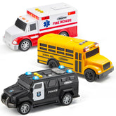 Vroomix 3-Pack Emergency & School Bus Toy Set - Friction Powered with Lights and Sounds, Educational Toy for Kids 3+