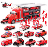 25-in-1 Fire Rescue Carrier Truck Toy Set with 12 Diecast Vehicles & 12 Figures