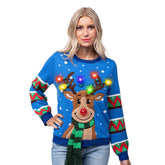 Adult Blue Reindeer Ugly Sweater with Light Bulbs