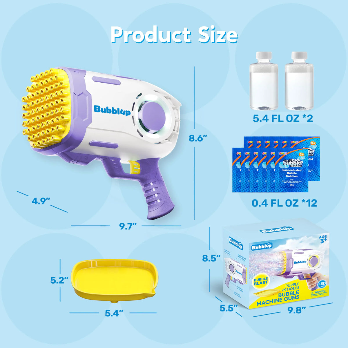 Play-Act 69-Hole Bubble Machine Gun Toy, Bazooka Rocket Shape Bubble Blaster with Colored Lights and Solution, Purple
