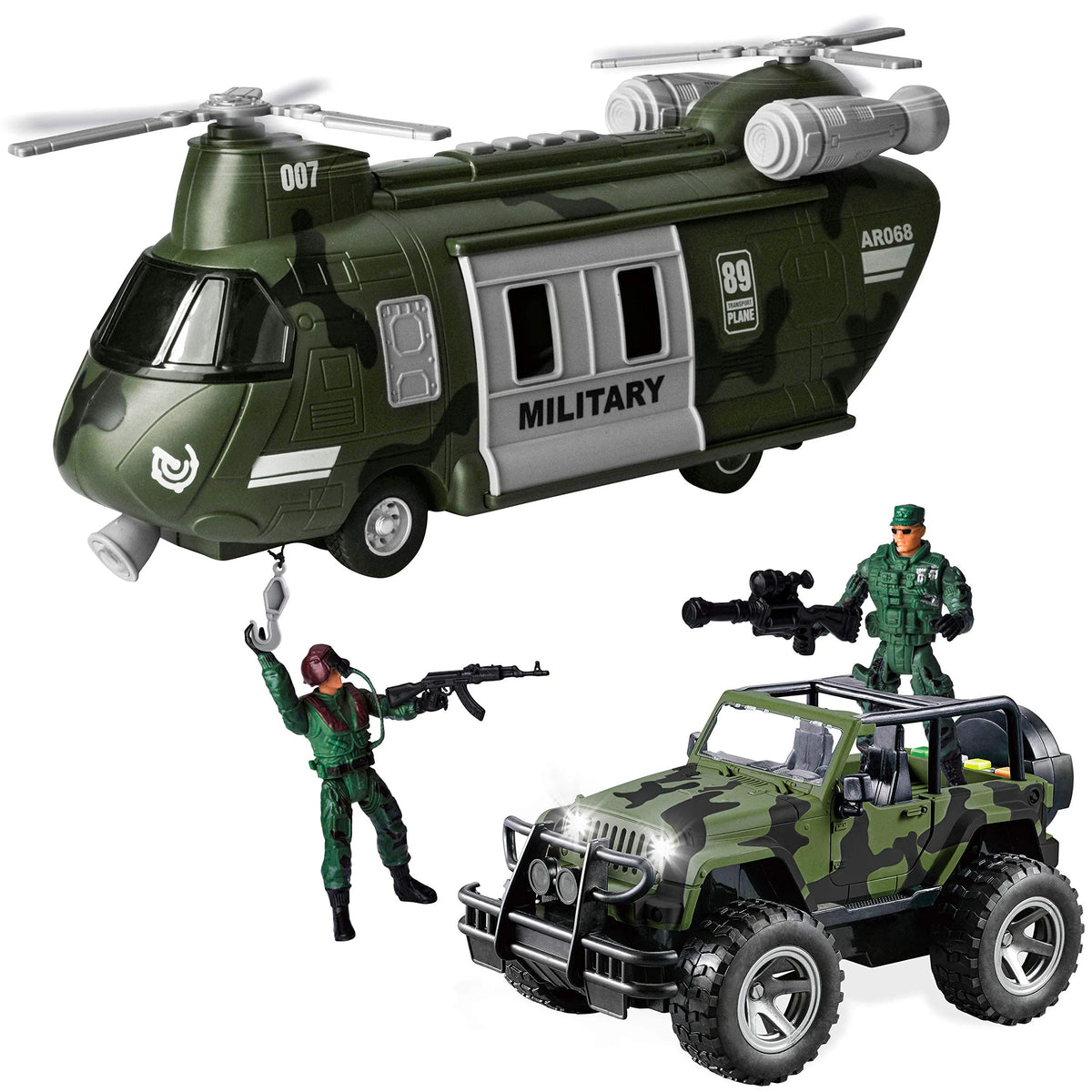 Friction Powered Helicopter and Military Truck Set