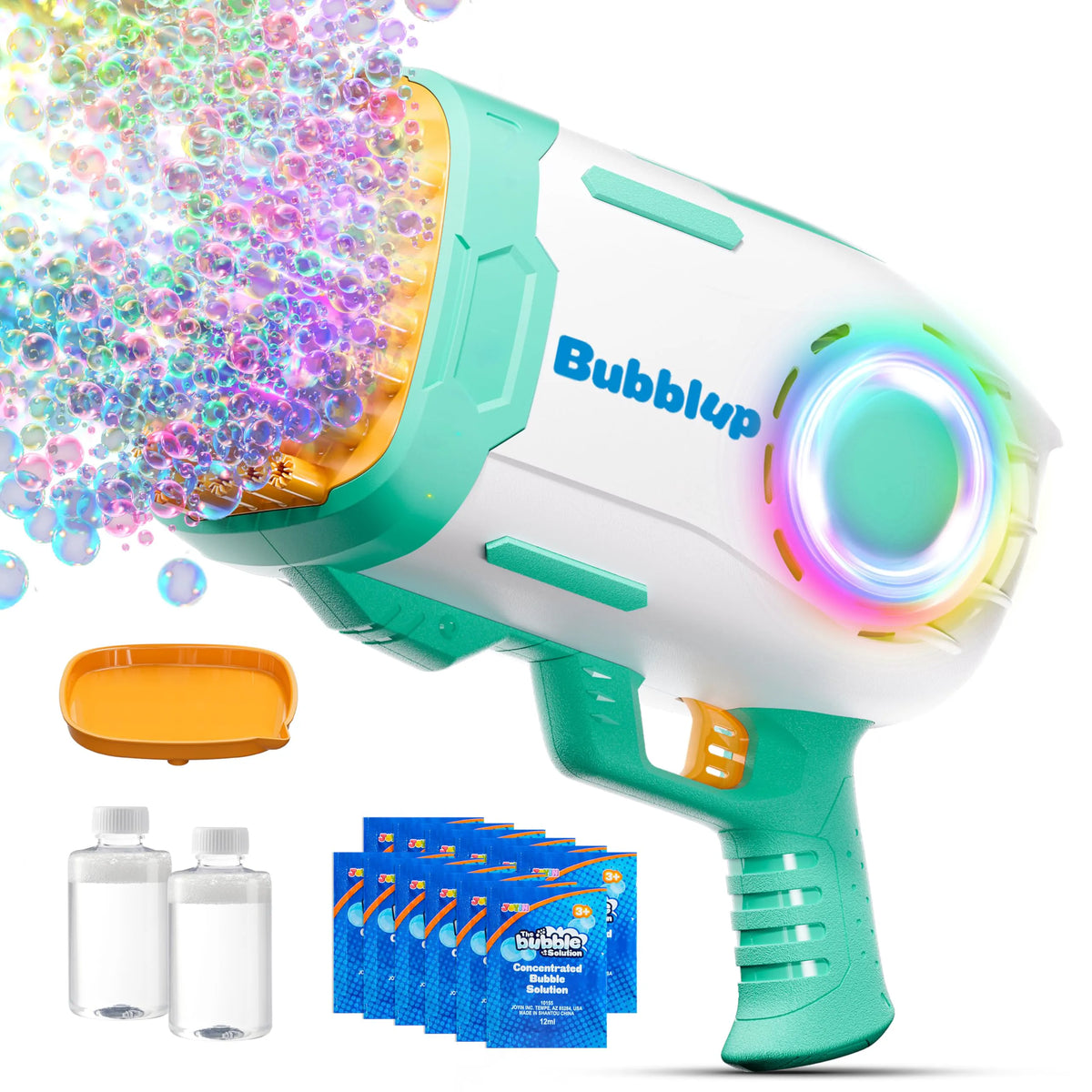 Play-Act 69-Hole Bubble Machine Gun Toy, Bazooka Rocket Shape Bubble Gun for Kids & Adults, Colored Lights Blaster Blower with Solution