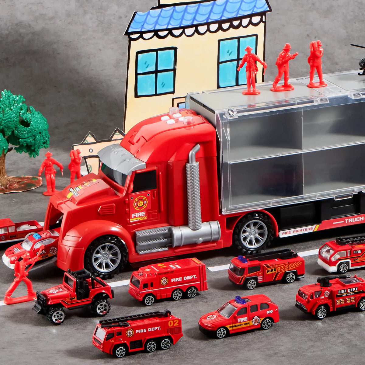 25-in-1 Fire Rescue Carrier Truck Toy Set with 12 Diecast Vehicles & 12 Figures