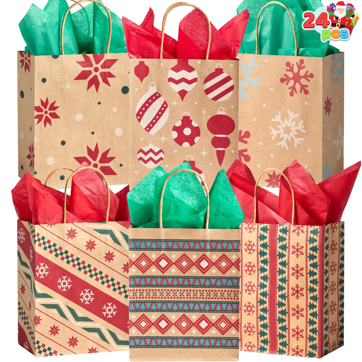 Kraft Holiday Gift Bags, 7.25 Inches, 24 Pack