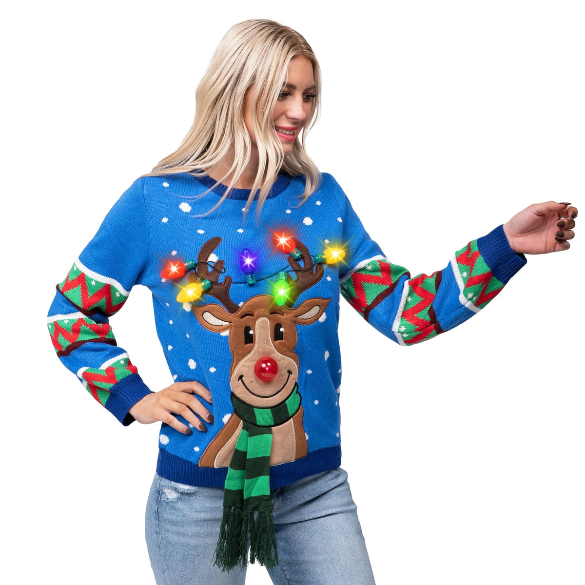 Adult Blue Reindeer Ugly Sweater with Light Bulbs