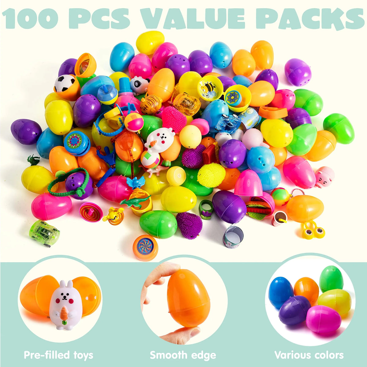 100-Pack Assorted Toys & Stickers Prefilled Easter Eggs (2.4in)