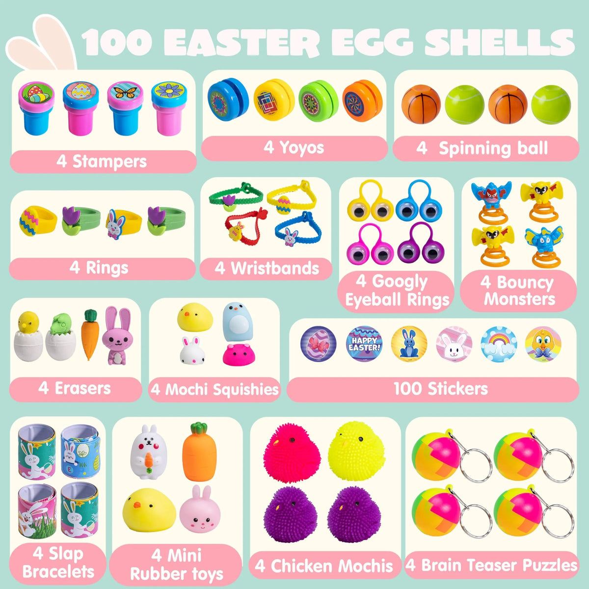 100-Pack Assorted Toys & Stickers Prefilled Easter Eggs (2.4in)