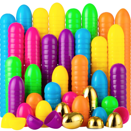 100 Pack Fillable Plastic Easter Eggs - Assorted Colors with Gold Accents for Easter Egg Hunts and Party Decor