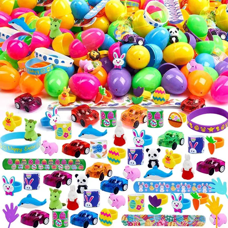 100 Prefilled Easter Eggs with Assorted Toys and Stickers Inside for Easter Egg Hunt