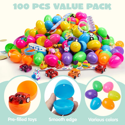 100 Prefilled Easter Eggs with Assorted Toys and Stickers Inside for Easter Egg Hunt