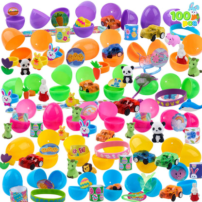 100 Prefilled Easter Eggs with Assorted Toys and Stickers Inside for Easter Egg Hunt