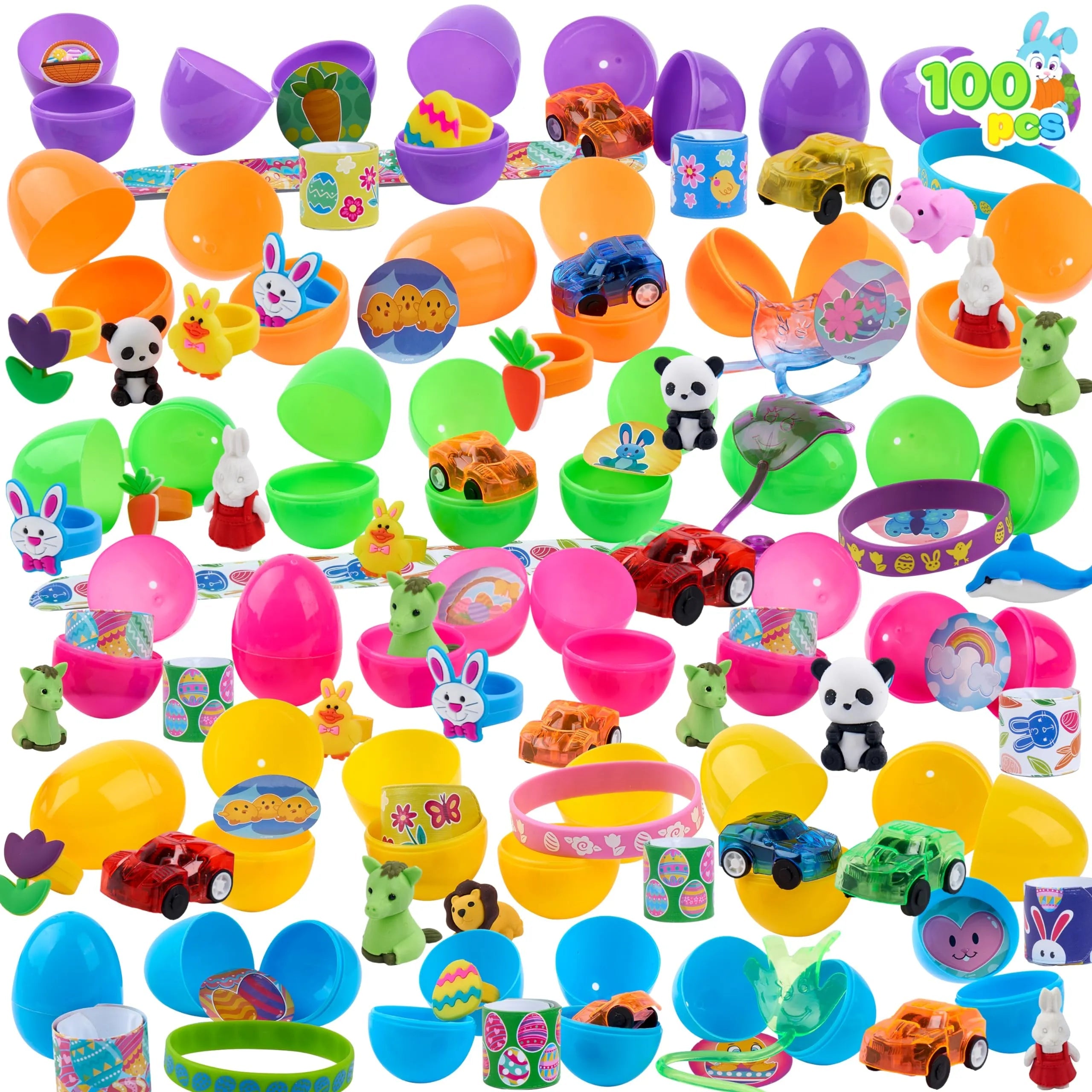 100 Prefilled Easter Eggs with Assorted Toys and Stickers Inside for Easter Egg Hunt