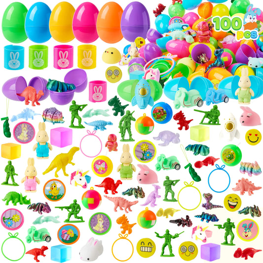 100 Prefilled Easter Eggs with Assorted Toys for Easter Egg Hunts, Basket Stuffers, and Classroom Prizes