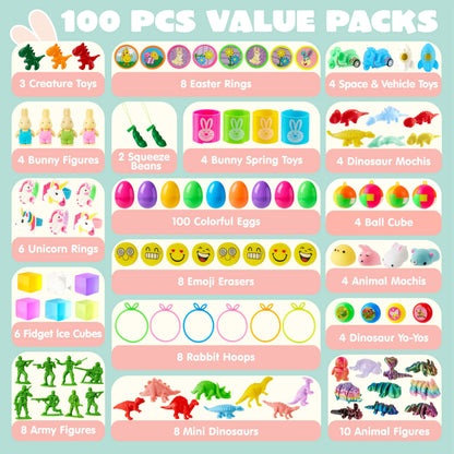 100 Prefilled Easter Eggs with Assorted Toys for Easter Egg Hunts, Basket Stuffers, and Classroom Prizes