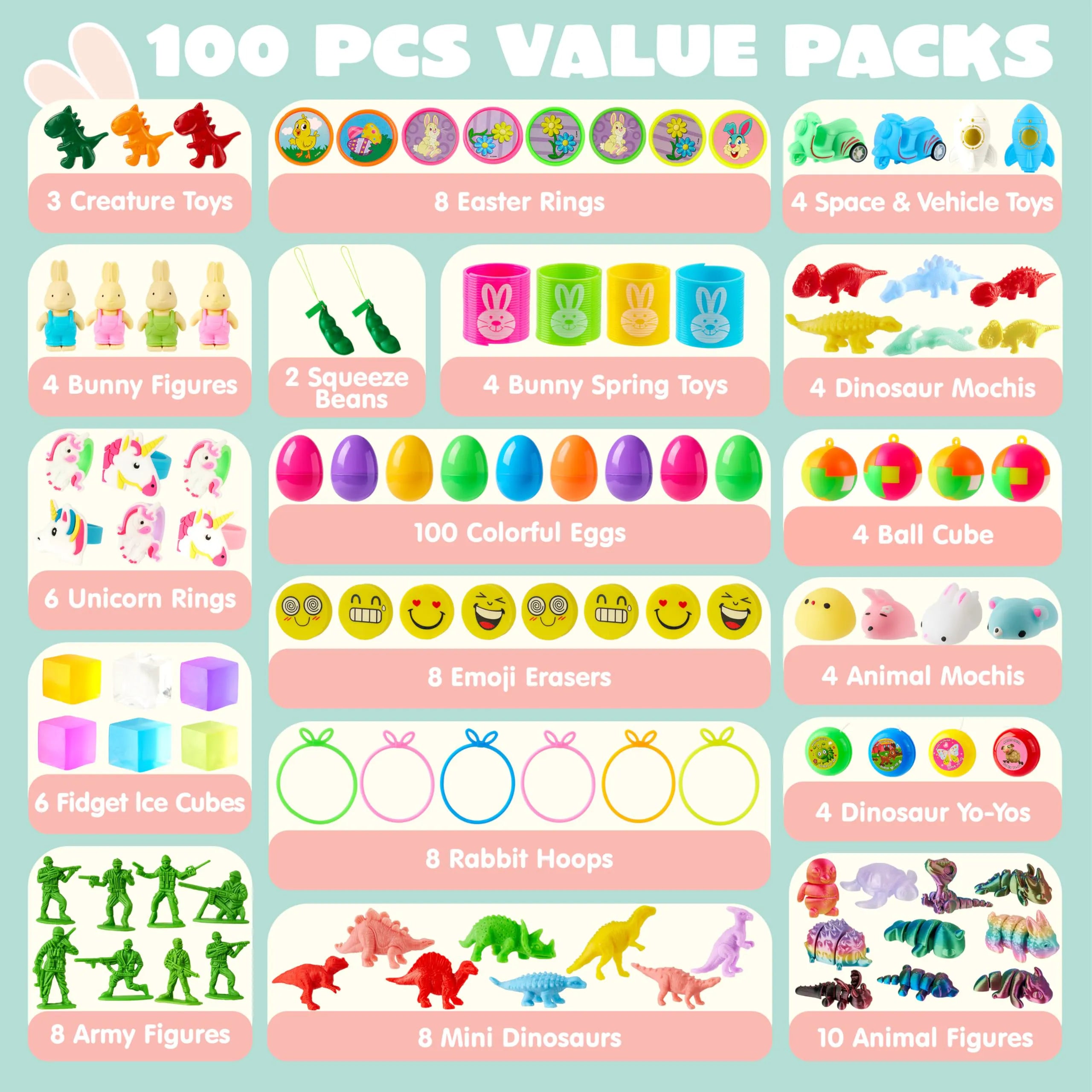 100 Prefilled Easter Eggs with Assorted Toys for Easter Egg Hunts, Basket Stuffers, and Classroom Prizes