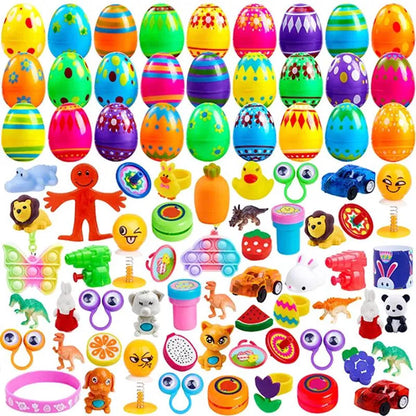 100 Prefilled Printed Easter Eggs with Toys and Stickers Inside - Perfect for Egg Hunts