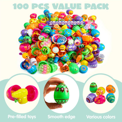 100 Prefilled Printed Easter Eggs with Toys and Stickers Inside - Perfect for Egg Hunts