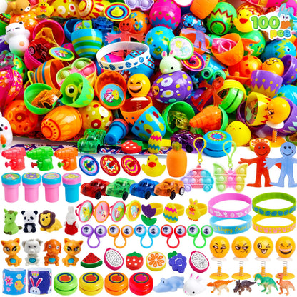 100 Prefilled Printed Easter Eggs with Toys and Stickers Inside - Perfect for Egg Hunts