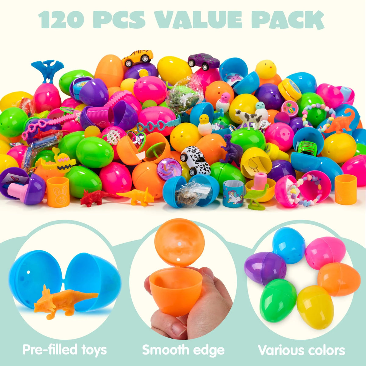 100 Prefilled Easter Eggs with Toys and Stickers (2.5 inches)
