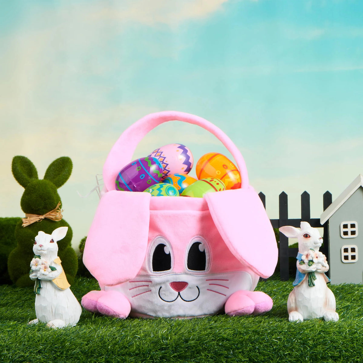 10x8 Inch Pink Rabbit Basket with Foldable Ears and Handle