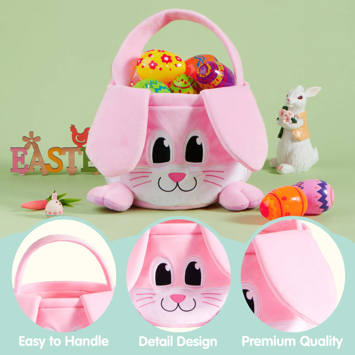 10x8 Inch Pink Rabbit Basket with Foldable Ears and Handle