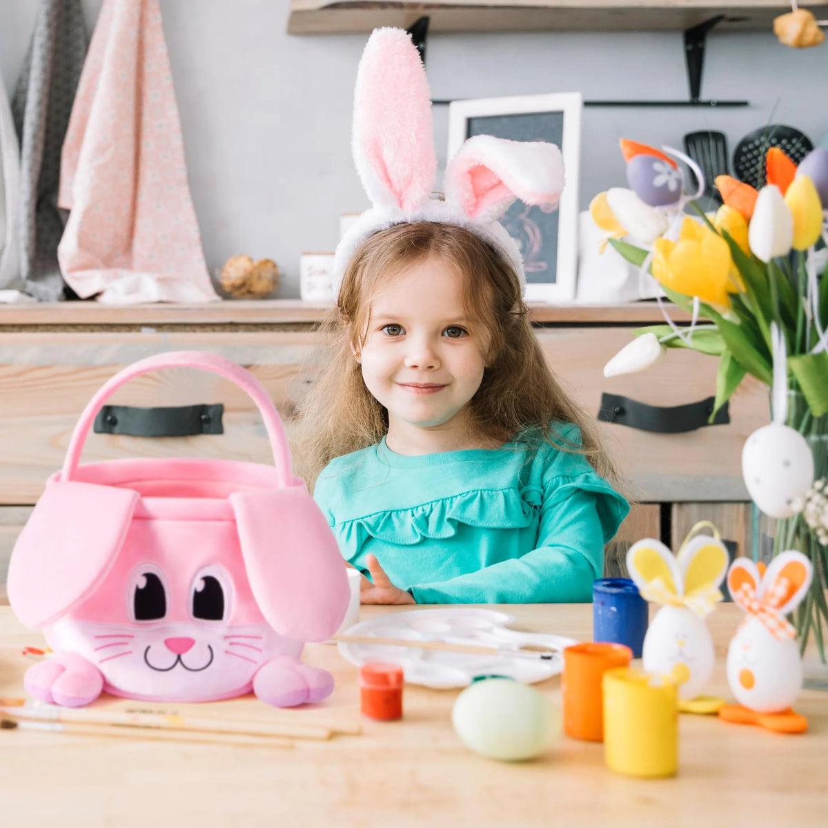 10x8 Inch Pink Rabbit Basket with Foldable Ears and Handle
