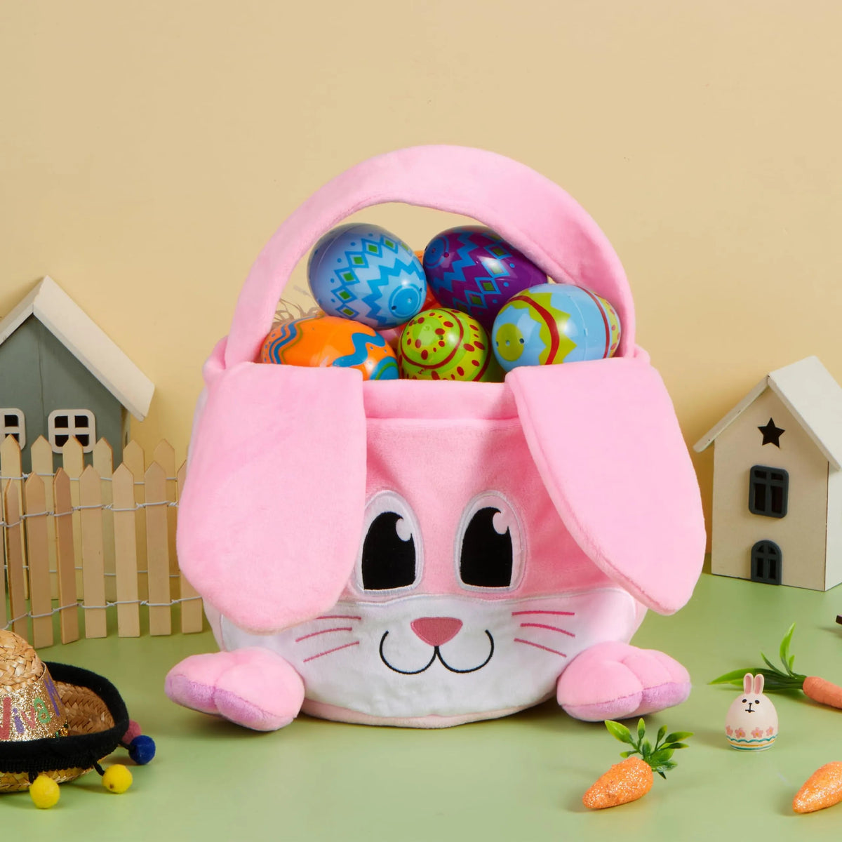 10x8 Inch Pink Rabbit Basket with Foldable Ears and Handle