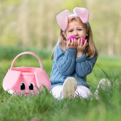 10x8 Inch Pink Rabbit Basket with Foldable Ears and Handle