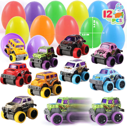 12 Pack 3.8 Inch Easter Eggs with Pull Back Monster Cars & Trucks for Easter Egg Hunt