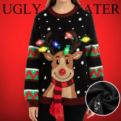 Black Reindeer Ugly Christmas Sweater with Lights