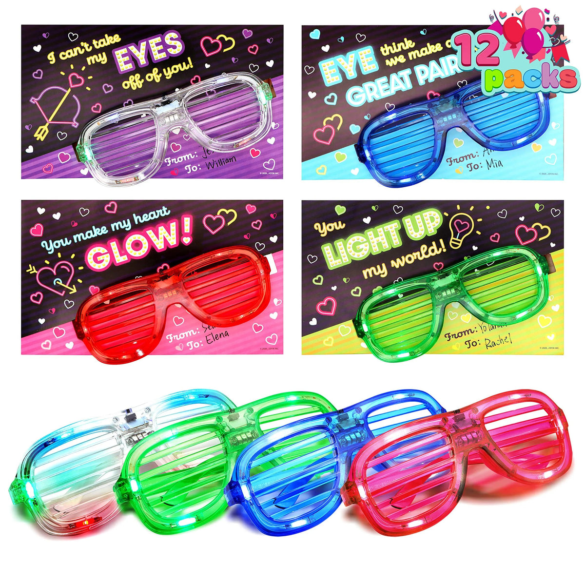 12-Pack LED Glasses with Valentine's Day Cards for Kids - Classroom Exchange Gifts
