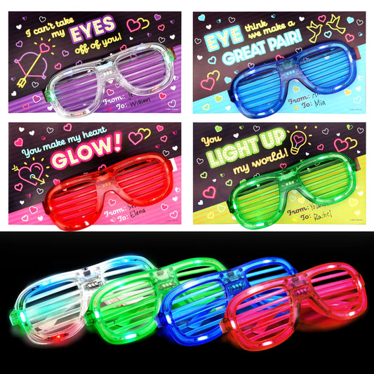 12-Pack LED Glasses with Valentine's Day Cards for Kids - Classroom Exchange Gifts