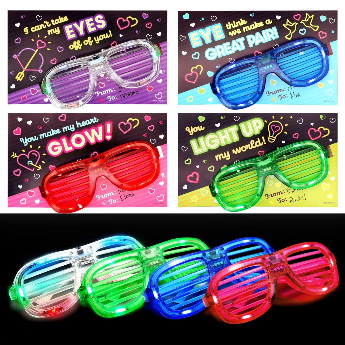 12-Pack LED Glasses with Valentine's Day Cards for Kids - Classroom Exchange Gifts