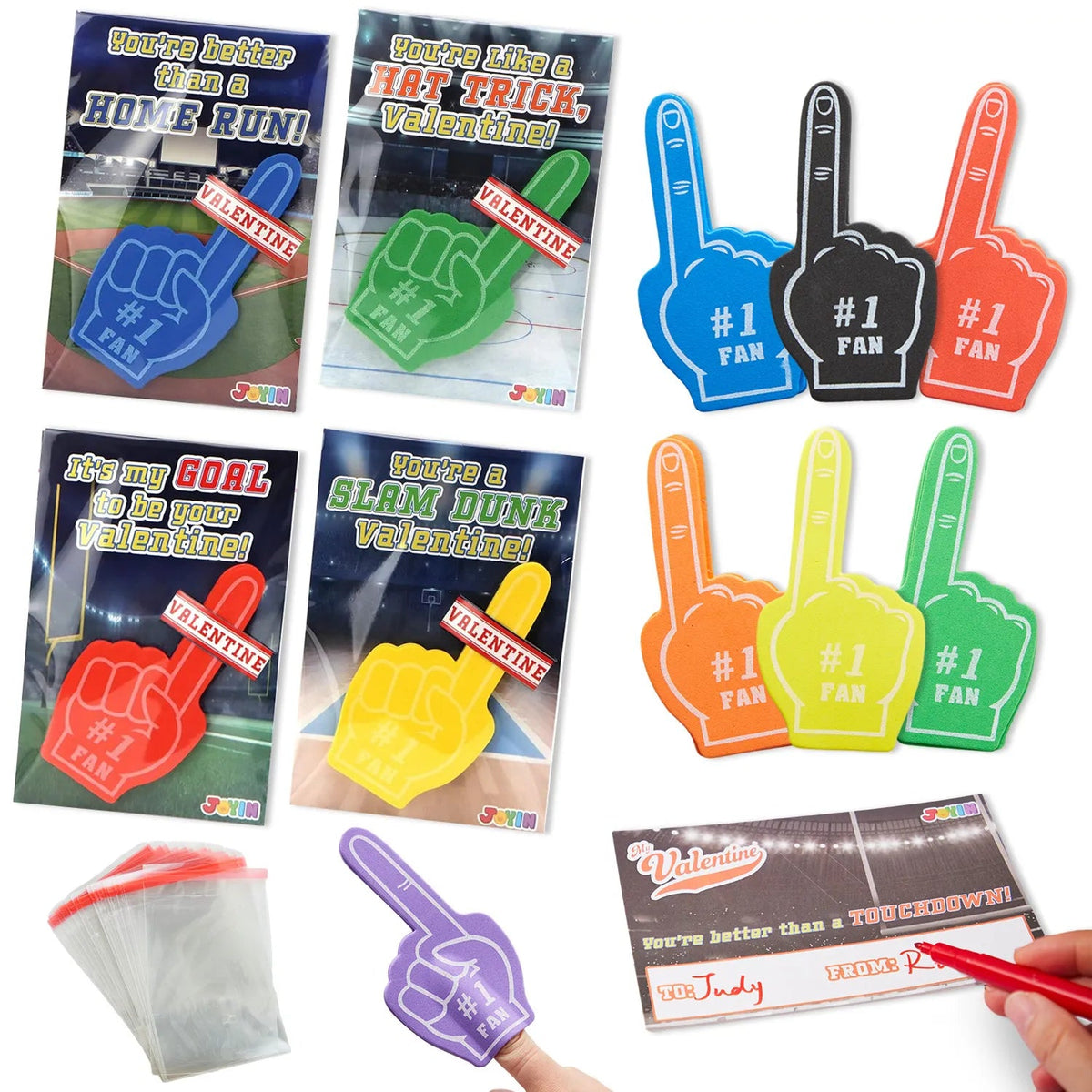 28 Foam Fingers with Valentine's Cards for Classroom Exchange