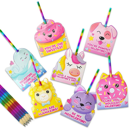 28 Rainbow Pencils with Valentine's Day Cards for Classroom Exchange