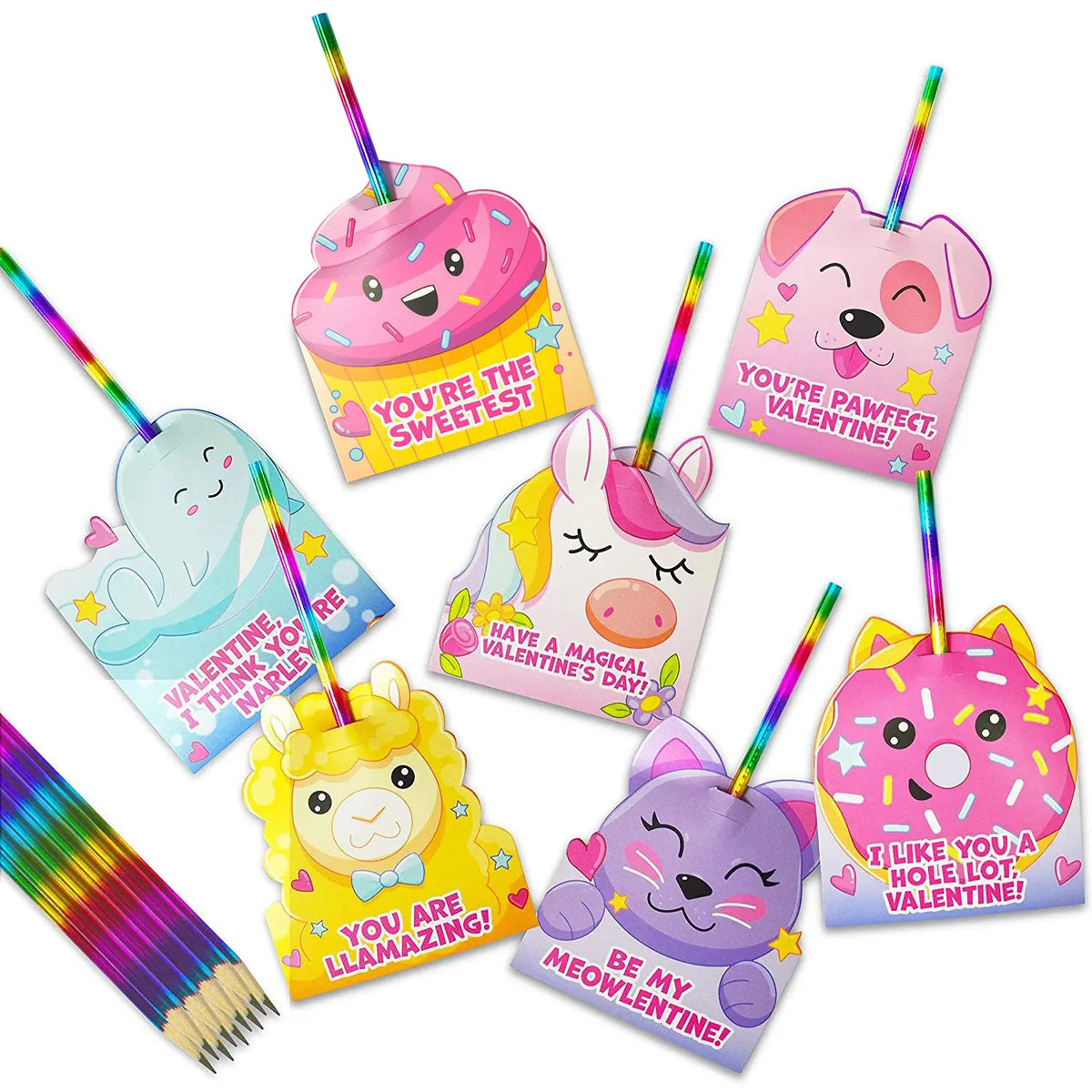 28 Rainbow Pencils with Valentine's Day Cards for Classroom Exchange