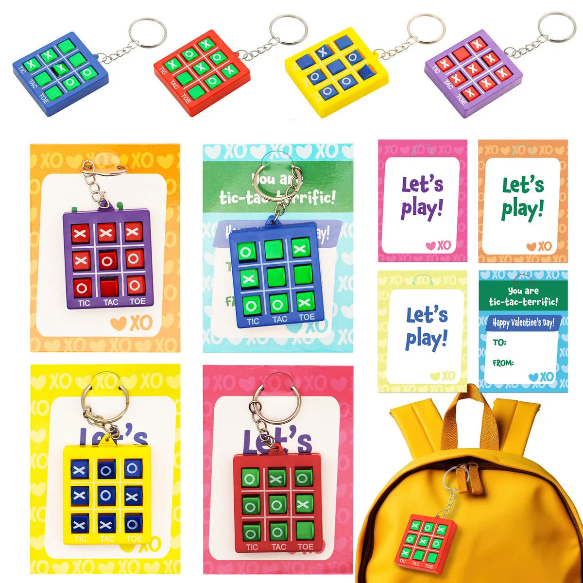 28-Piece Tic-Tac-Toe Keychain Gifts with Valentine's Day Cards for Classroom Exchange