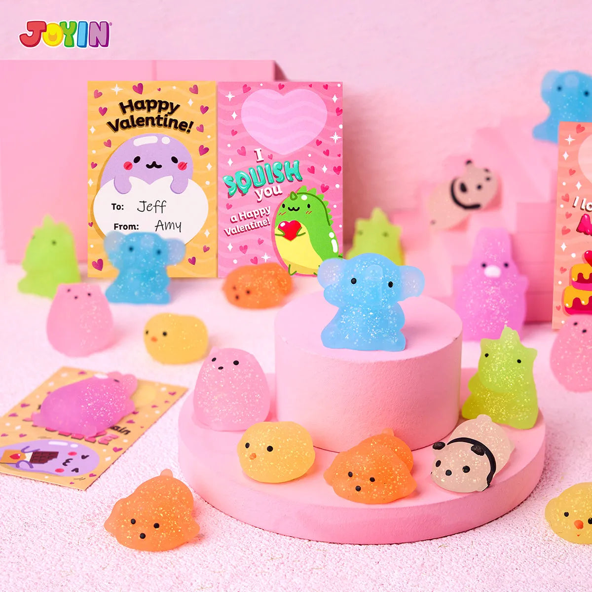 28 Glitter Mochi Squishy Toys with Valentine's Cards for Classroom Exchange