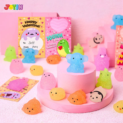 28 Glitter Mochi Squishy Toys with Valentine's Cards for Classroom Exchange