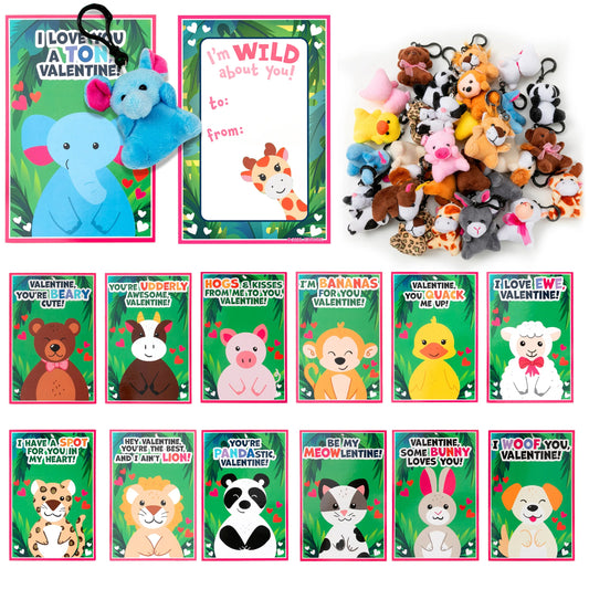 28 Animal Plushies with Valentine's Day Cards for Classroom Gift Exchange