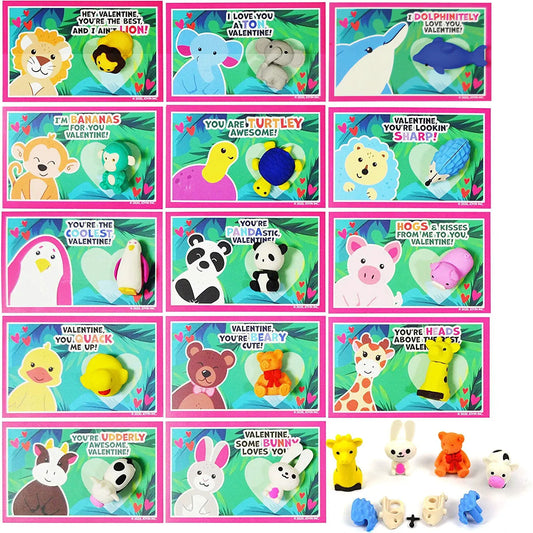 28Pcs Kids Valentine's Cards with Animal Erasers - Classroom Exchange Gifts