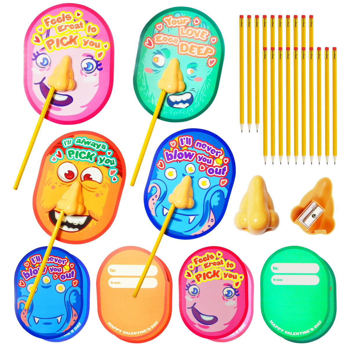 28Pcs 'I Pick Your Nose' Pencil Sharpener Set - Kids Valentine's Cards for Gifts