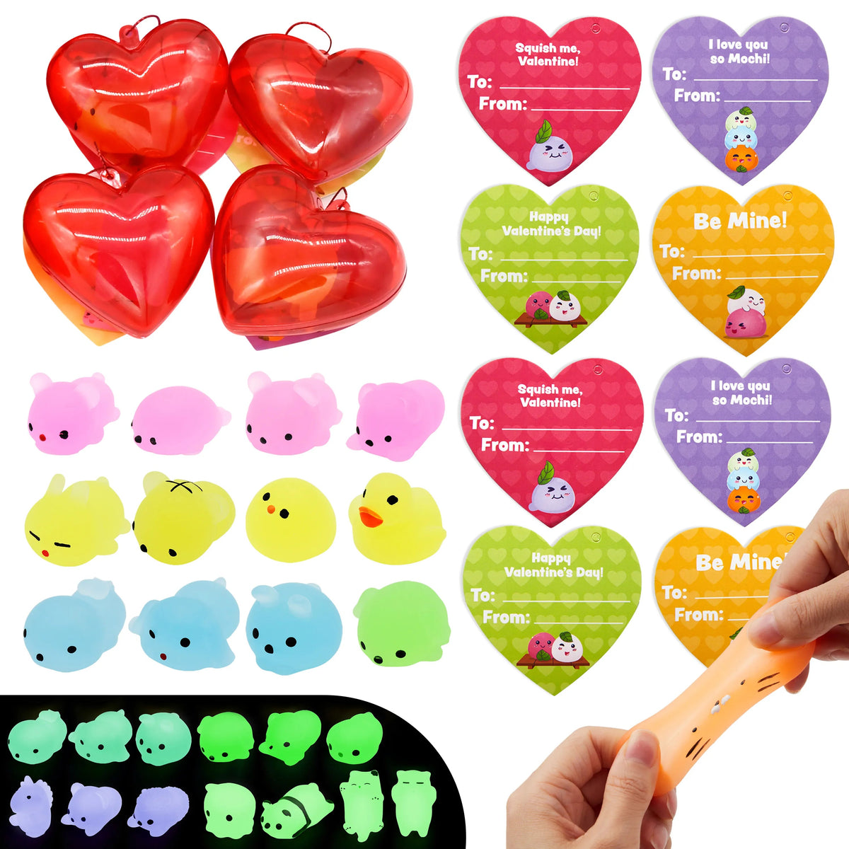 28-Piece Glow-in-the-Dark Mochi Squishy Toys Filled Hearts Set with Kids Valentine's Cards