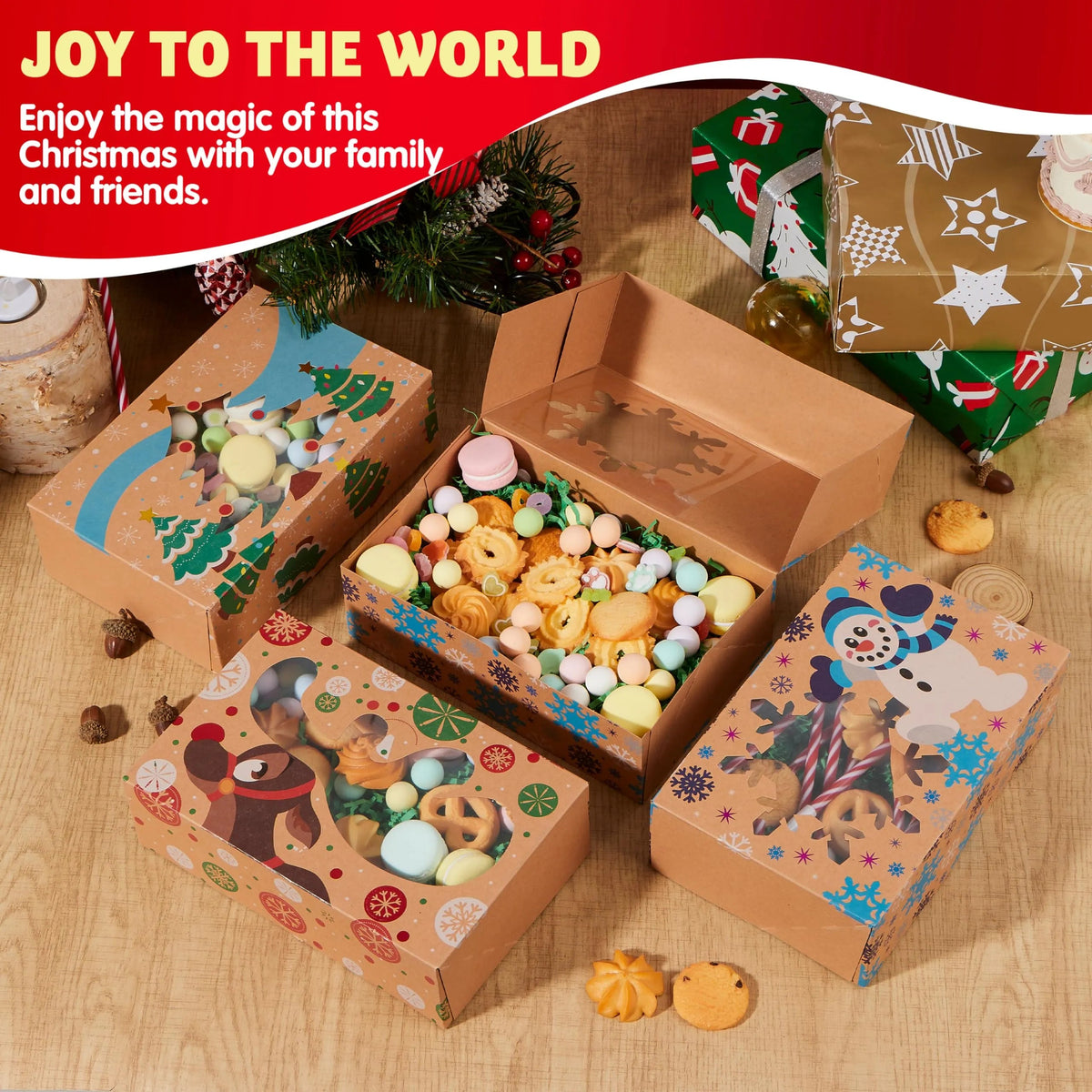 12 Foiled Kraft Christmas Cookie Boxes with Window, 8.5 x 5.75 x 2.75 Inches