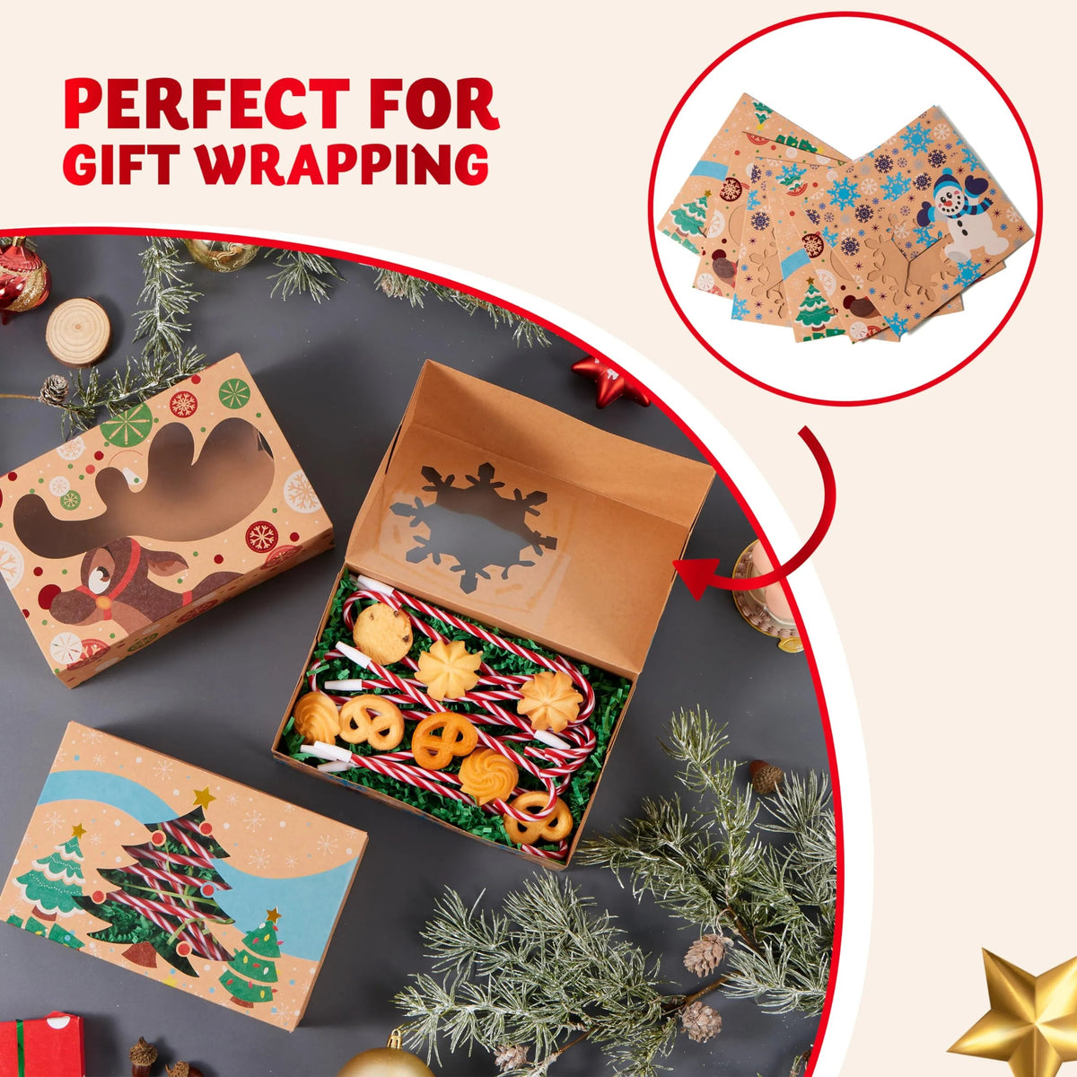 12 Foiled Kraft Christmas Cookie Boxes with Window, 8.5 x 5.75 x 2.75 Inches
