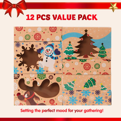 12 Foiled Kraft Christmas Cookie Boxes with Window, 8.5 x 5.75 x 2.75 Inches
