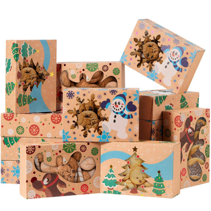 12 Foiled Kraft Christmas Cookie Boxes with Window, 8.5 x 5.75 x 2.75 Inches