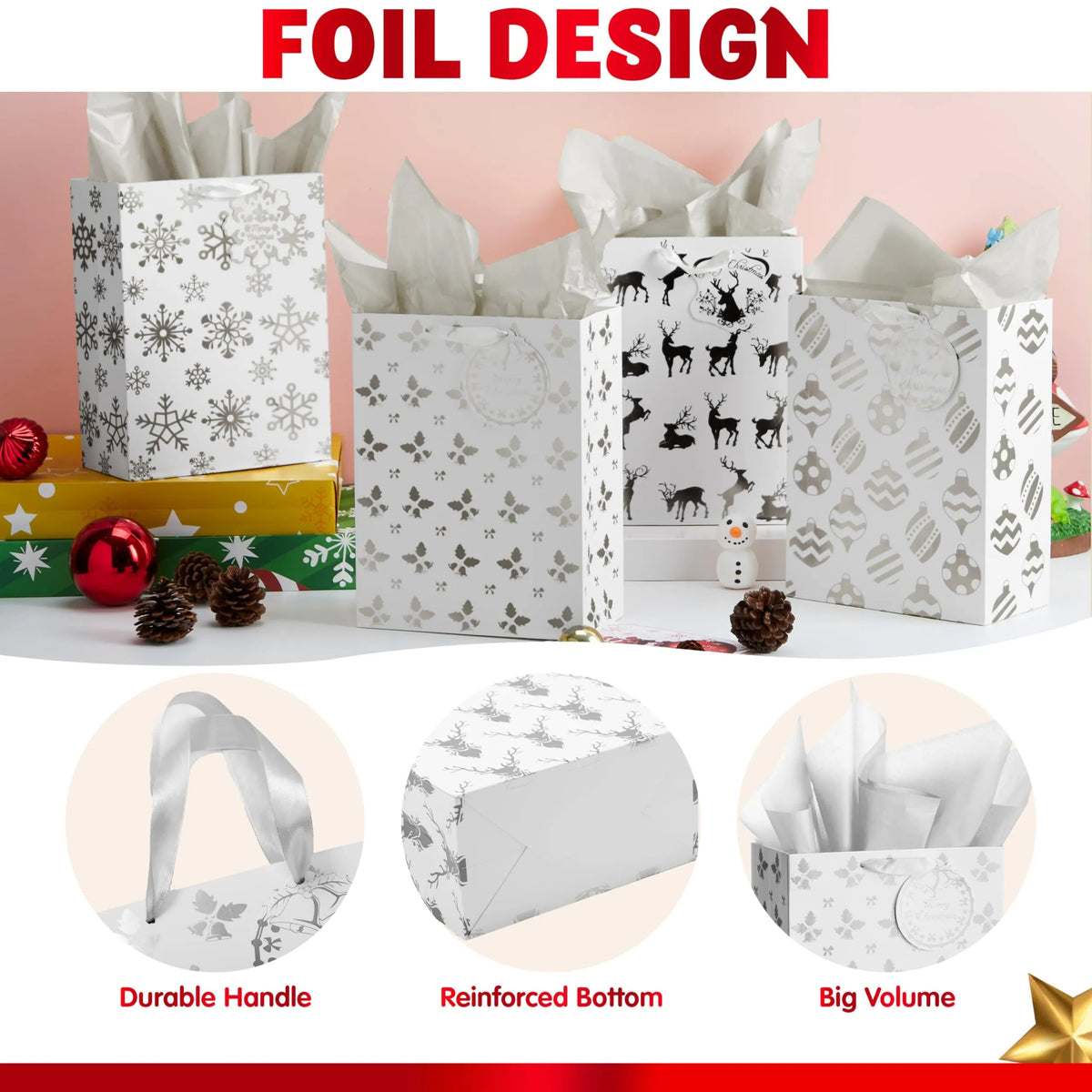 12 Pack Christmas Foil Gift Bags - Silver, 8 x 4.5 x 10.5 Inches
