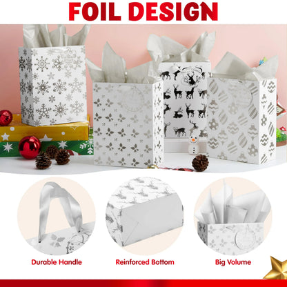 12 Pack Christmas Foil Gift Bags - Silver, 8 x 4.5 x 10.5 Inches