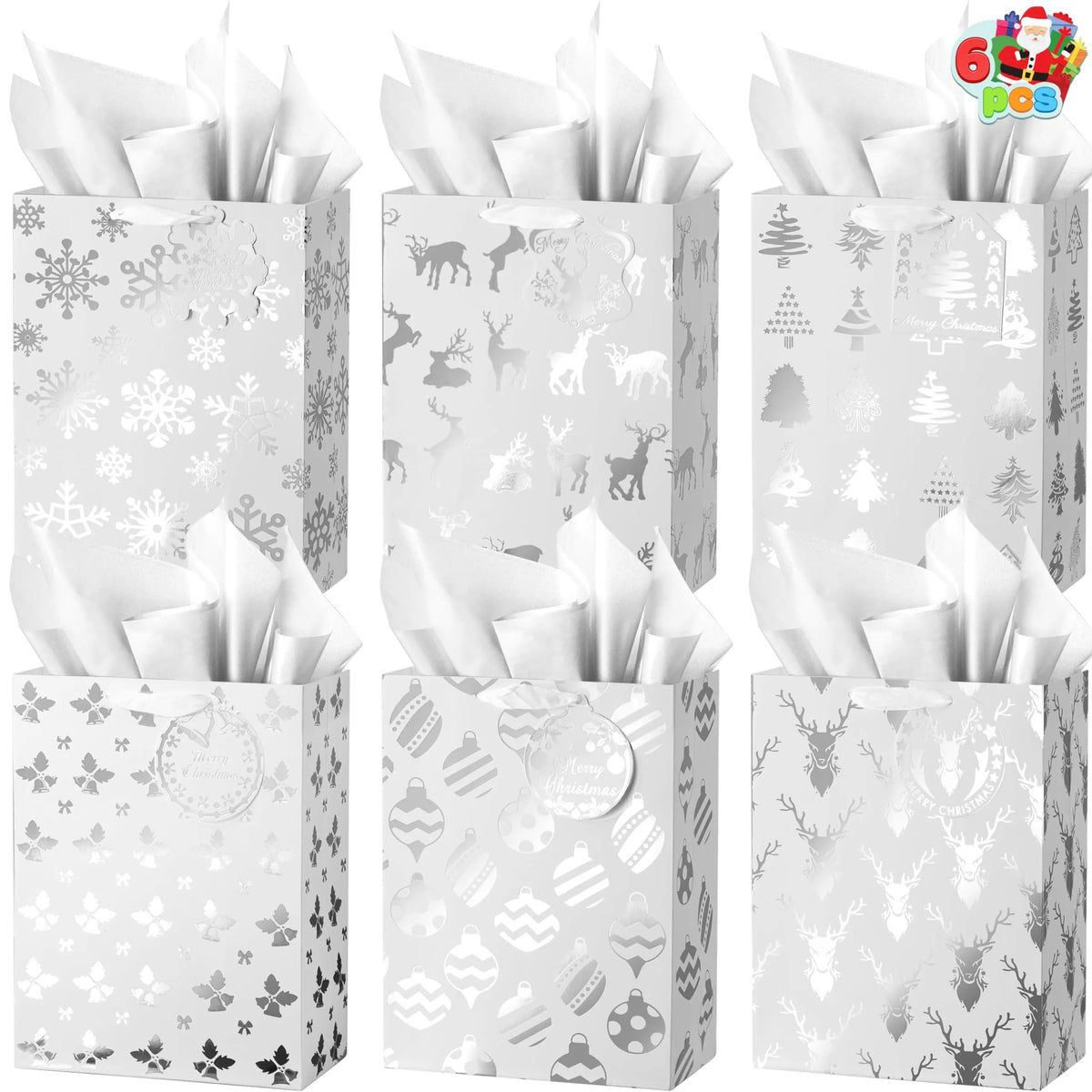 12 Pack Christmas Foil Gift Bags - Silver, 8 x 4.5 x 10.5 Inches